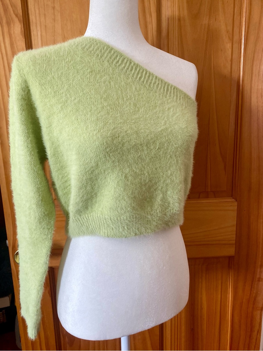 Better Be Lime Green Fuzzy One Shoulder Sweater Crop Top Size L Y2K Coquette